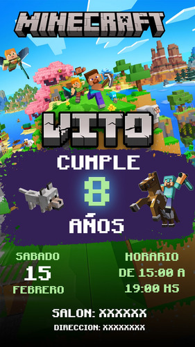 Invitación Digital Minecraft Con Ubicación Y Confirmación Violeta Oscuro