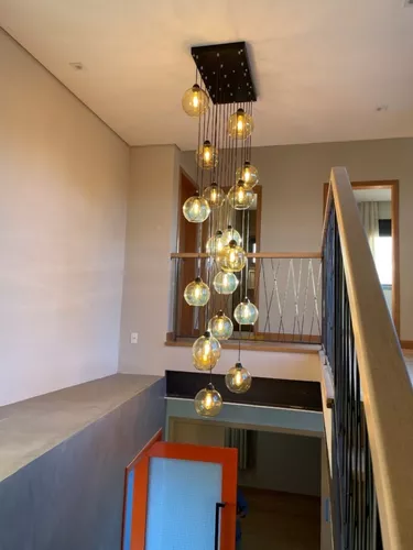 Lustre Pendente Sarvah 5 Globos Âmbar Conhaque Para Casas Pé Direito Duplo  e Alto