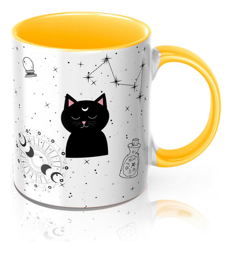 Xícara Porcelana Colorida Gatinho Gato Presente Natal Witch Cor Branco-amarelo Wicca