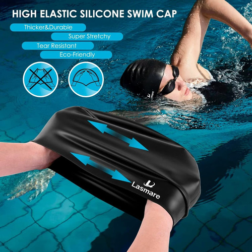 Gorro De Natación Lasmare P/ Pelo Largo, De Silicona, Negro