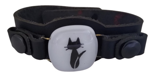 Imagen 5 de 5 de Pulsera Gato Cuero Y Vidrio Pintado A Mano
