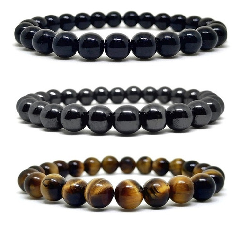 Kit 3 Pulseiras Masculinas Pedra Ônix Olho De Tigre Hematita