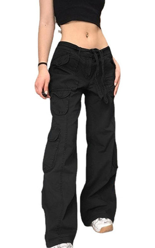 Pantalones Cargo Pierna Ancha Con Cordón Suelto Casual Mujer