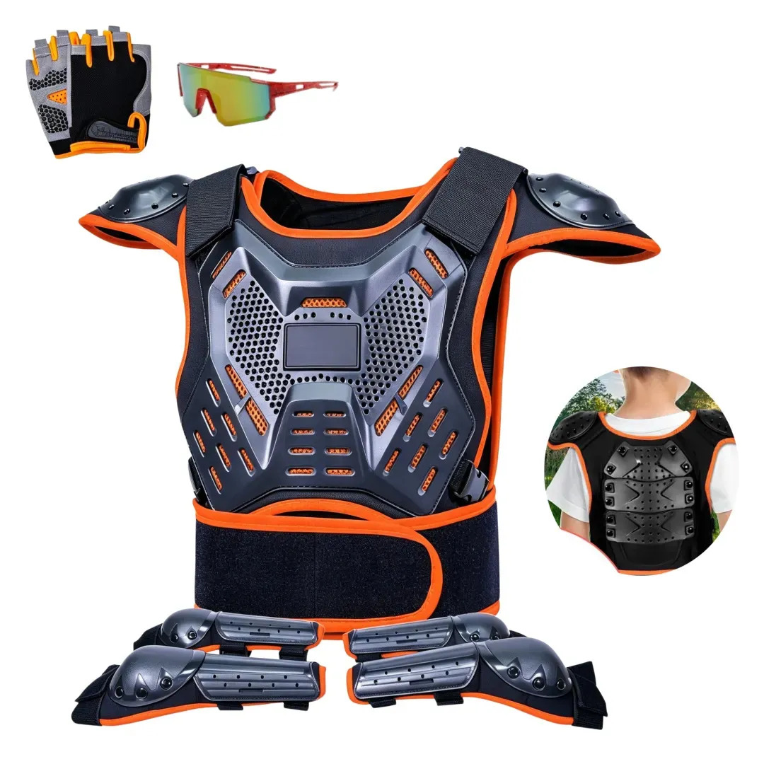 Armadura Esquelética para Niños con Rodilleras y Coderas, Kit de Protección en Naranja