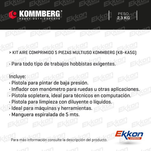 Imagen 2 de 7 de Kit Aire 5 Piezas Compresor Gravedad Pistola Pintar Kommberg
