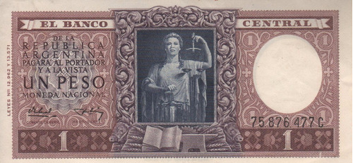 Bottero 1915 - Billete De 1 Peso Moneda Nac. Año 1956 - Xf+