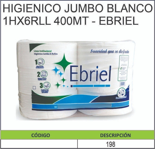 Papel Higienico Jumbo Blanco Pqtx6rll 400mt 198 - Ebriel