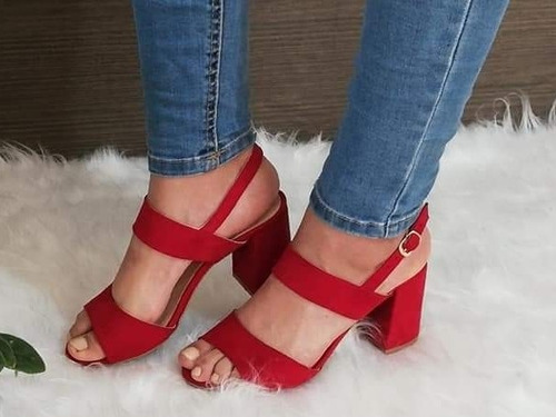 Zapatilla Tacón Ancho Rojo Abierta Mujer 