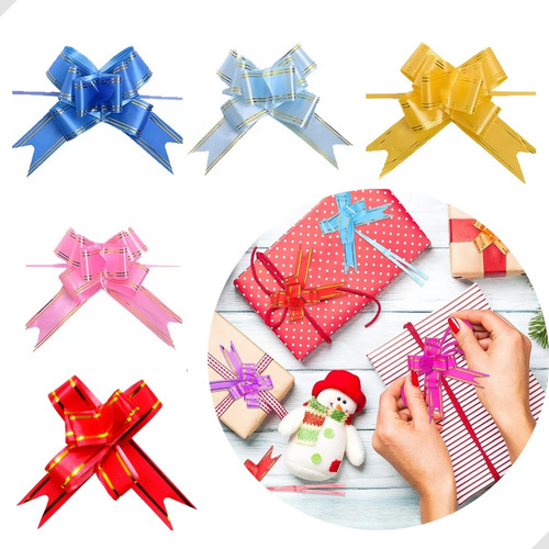 50 Laços Pronto Fita P/presente M 18x35mm Fitinha Decorada Cor Azul Liso Com Linha Dourada