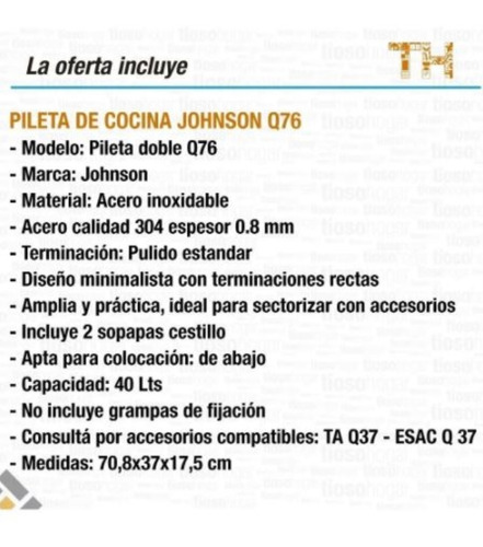 Bacha Doble Cocina Johnson Acero Inoxidable Quadra Q76 Pilet