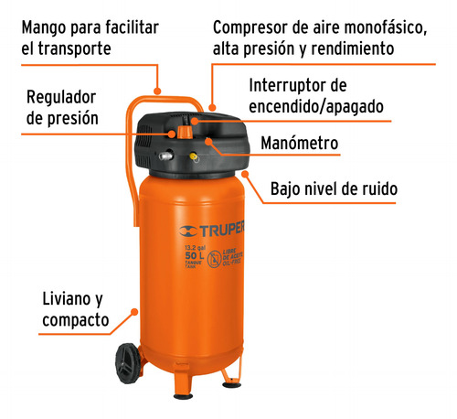 Compresor 50 L Libre De Aceite 60 Hz 13847 Truper