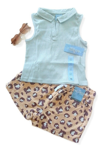 Conjunto Importado De Niña De Short Animal Print Y Top Verde