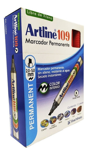 Marcador Permanente Artline 109 Rojo 5mm Cincel 12pzs