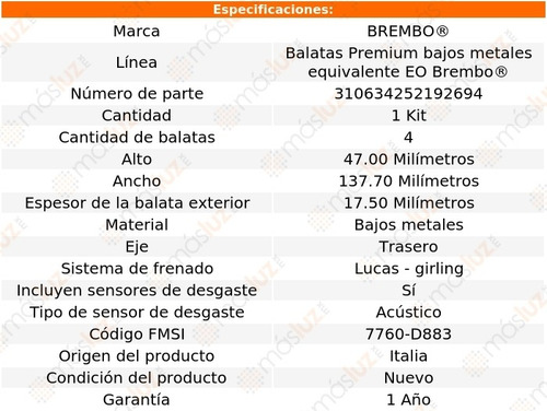 Balatas Bajos Metales Tra Chevrolet Trailblazer 02/08 Brembo