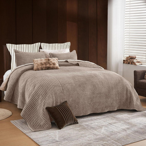 Colcha King Shalala De Terciopelo Ligero Rayas Taupe