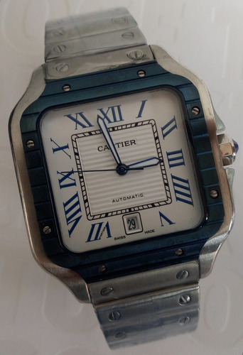 Reloj Cartiere Mod. Santos Bisel Azul Rayado Carátula Blanca