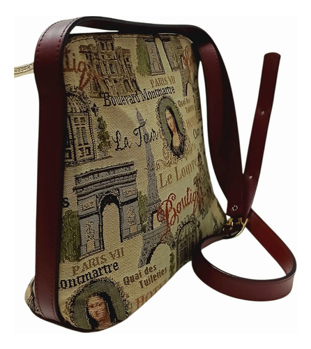 Cartera Bandolera De Gobelino Moda Circular Crema Estampado Níquel Bordó (Usado)