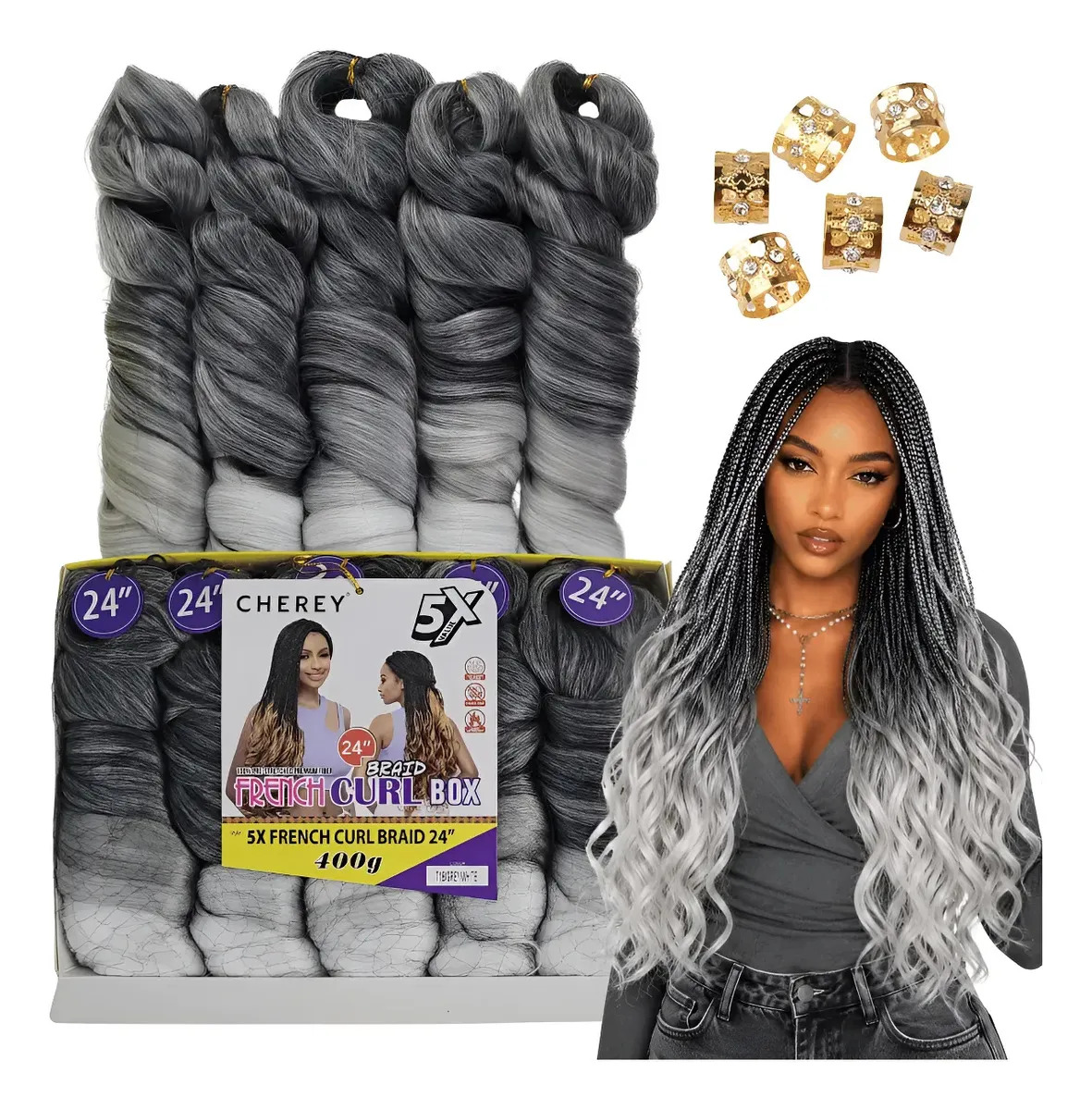 Cabelo French Curl 400g Fibra Premium Gypsy Braids Fulani T1b/grey/white