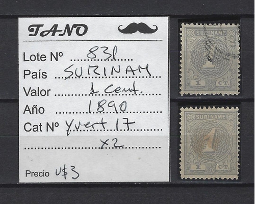 Lote831 Surinam 1 Cent. Año 1890 Yvert# 17 Nueva Y Usada