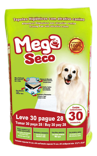 Tapete Higiênico Para Cães Mega Seco Blue Com 30un 65x60cm