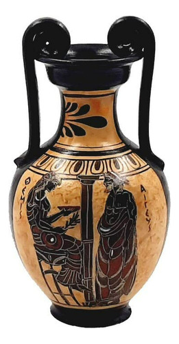 Ánfora Griega Antigua 19cm, Figura Negra De Themis Y Aegeus