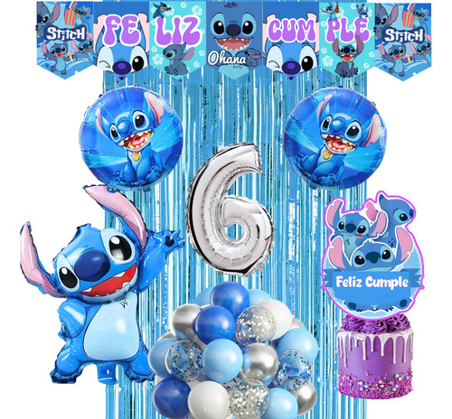 Kit Globos Stitch Decoracion Banderin Topper Numero 70cm. Plateado Número 6