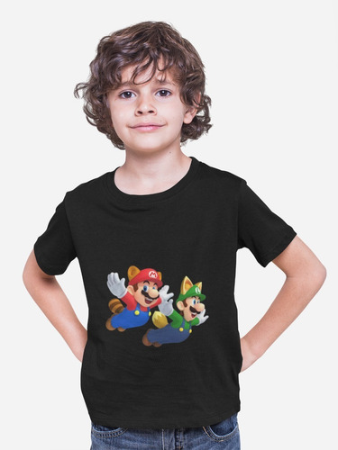 Polera Infantil Unisex Mario Bros Super Mapache Estampado