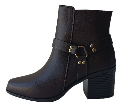 Botines Mujer Café Tacón Grueso Hebilla Elegante Casual