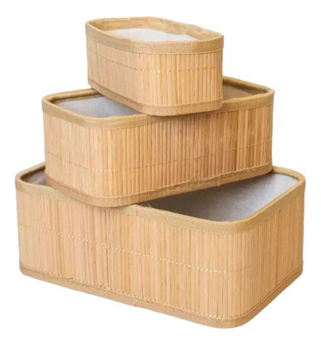 Set X3 Unidades Organizador Canasto Caja De Bambú Natural