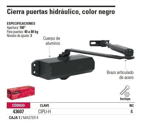 Imagen 2 de 4 de Cierra Puertas Hidraulico Negro Truper 43607