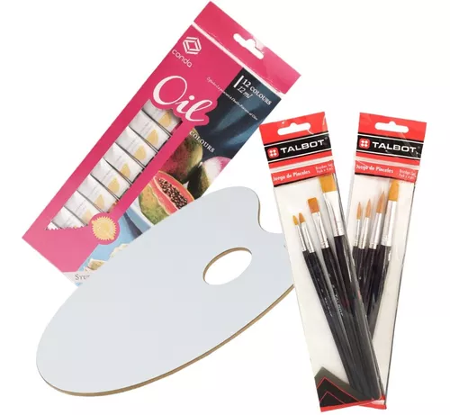 Kit Arte Oleo X 12 Con Paleta Mezcladora Y Set De Pinceles