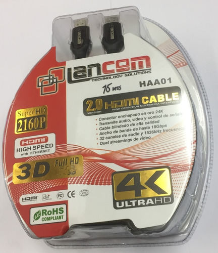 Cable Hdmi 2.0 De 15 Metros 4k 3d Marca Lancom Conector 24k