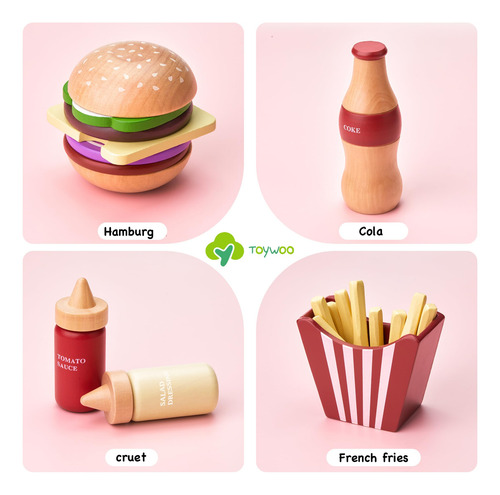 Juego De Comida De Madera Para Niños, Set Hamburguesas Jugue Color