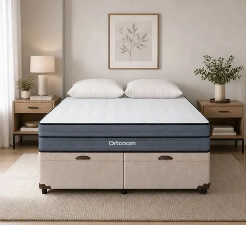 Baú Queen Bege Colchão Núvia Airtech Superpocket Ortobom Bege
