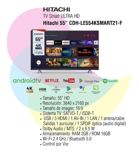 Imagen 2 de 10 de Tv Smart 55 Pulgadas Hitachi Led 4k Ultrahd