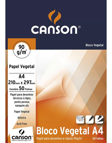 Bloco Papel Canson Vegetal Liso A4 - 95g - 50 Folhas