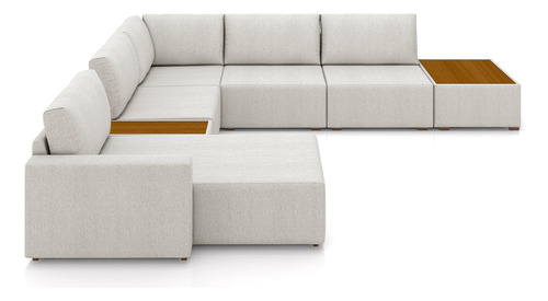Sofá de Canto com Chaise e Mesa Lateral Sala de Estar Living 291cm Gales M03 Bouclê Cru