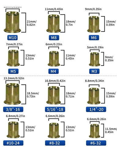 Kit De Tuercas Remachadoras De 300 Piezas Métricas Sae Rivnu