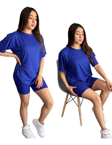 Conjunto 2 Piezas Biker Y Blusa Oversize Azul Lisa Unitalla