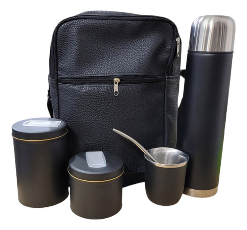 Set Matero Negro Con Bolso De Cuerina Mate Acero