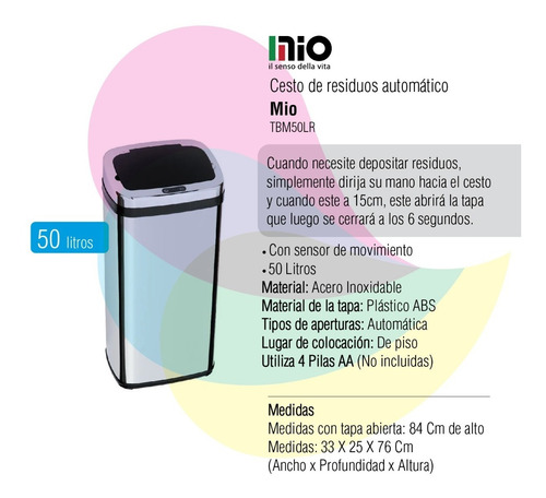 Imagen 2 de 7 de Cesto De Residuos Mio Rectangular Automático 50lts Tbm50lr