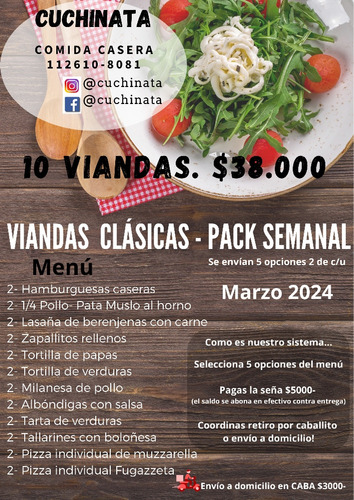 Viandas Semanales- Comida Casera- Pack Por 10 Unidades 