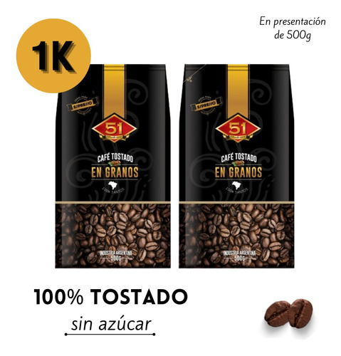 Café 51 Tostado En Grano X 1kg (2 Paquetes De 500g)