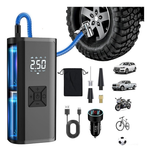 Ykm® Compresor De Aire E Inflador De Llantas Rapido Y Portatil,mini Compresor Para Inflar Llantas De Moto Y Auto,con Pantalla Lcd Digital Y Linterna Led,6600mah,150psi Negro