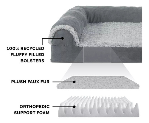 Cama De Espuma Con Memoria Para Perros Grandes 101x81 Cm Con Almohadones Removibles Y Funda Lavable, Para Perros De Hasta 95 Libras - Dos Tonos De Felpa De Piel Sintética Y Gamuza En Forma De L - Gris