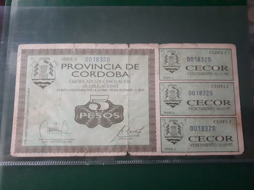 Bono Cecor Provincia De Córdoba 1995 $5 