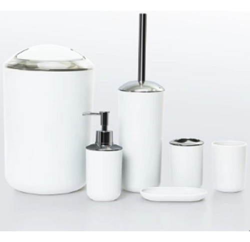 Set De Baño Plástico X6 Tacho Escobilla Dispenser Blanco