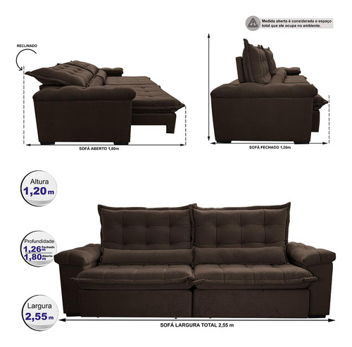 Sofá Retrátil 2,55m Cama Inbox Big Fresh. Com Softgel d40 Cor Café