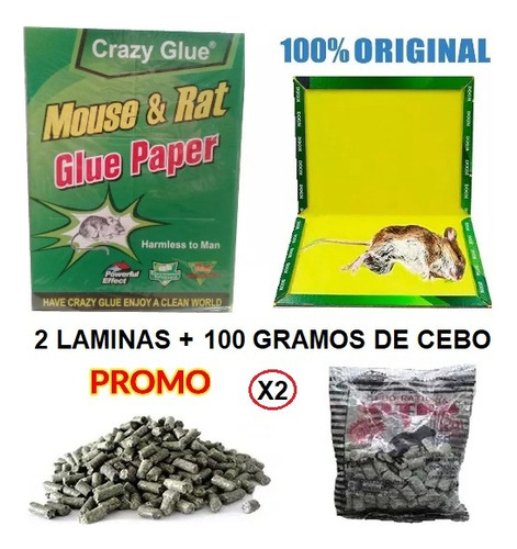 Combo Trampa Mata Ratones Ratas 2 Laminas + 100 Gramos Cebo