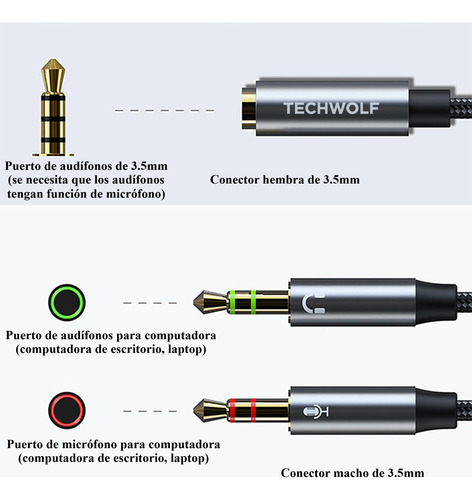 Cable Divisor Audio Para Auriculares 3.5mm En Y, Adaptador De Audio 2 Machos (audio + Micrófono) A 3.5mm Hembra Techwolf Cable Auxiliar De 3,5 Mm Para Pc Y Laptop 30cm De Longitud Color Gris